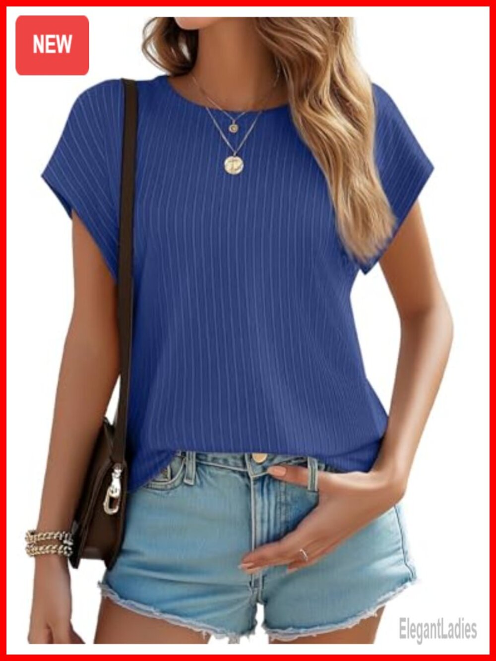 Women's Ribbed Short Sleeve Crew Neck Blouse Business Casual Office Top
